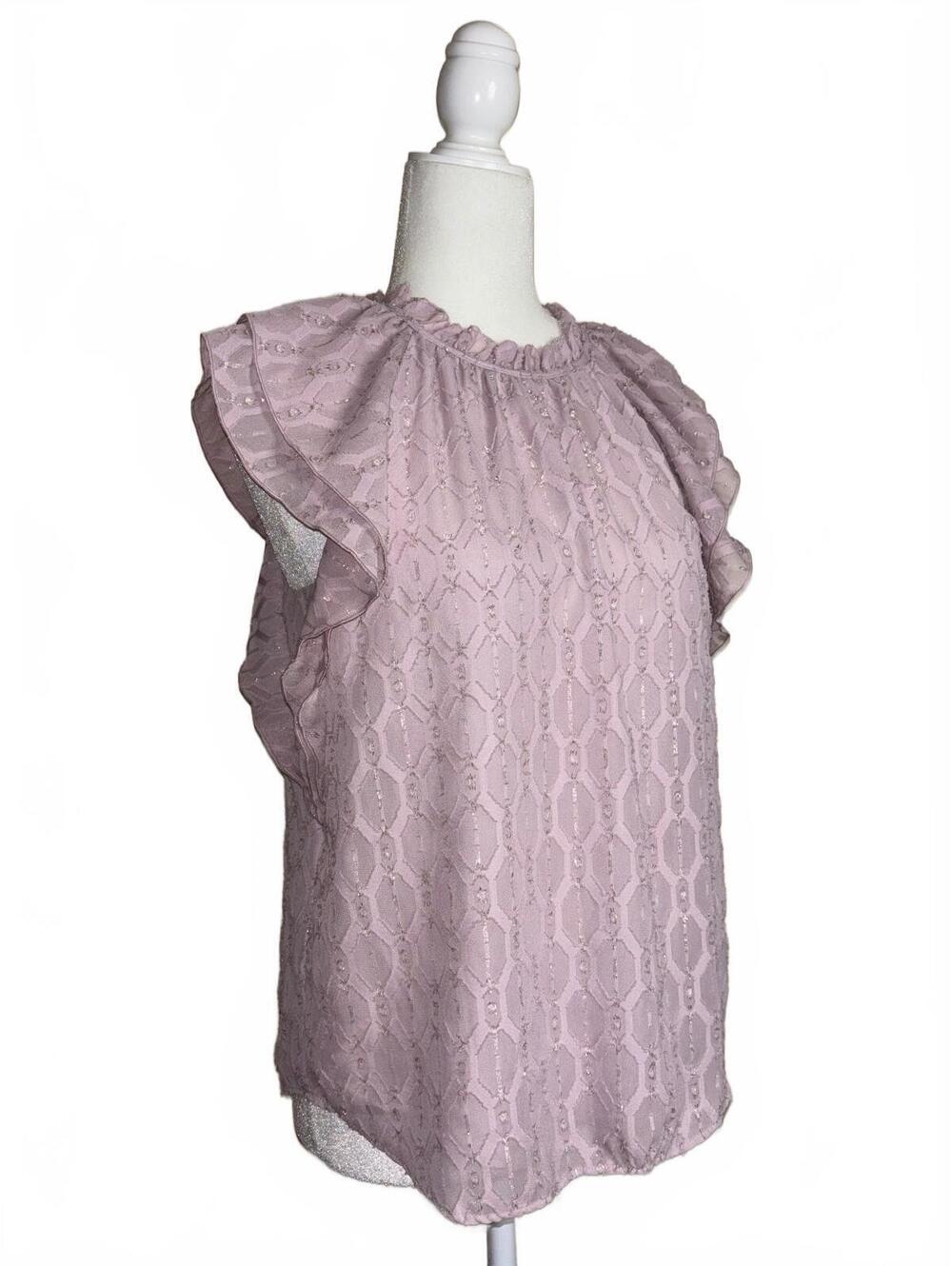 LOFT flutter-sleeve metallic weave geometric pattern blouse soft lavender/pink